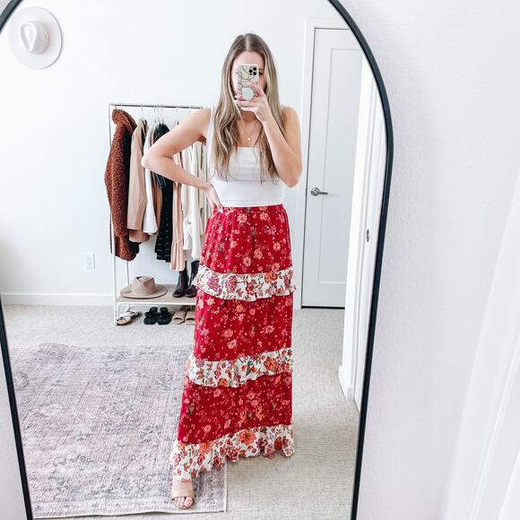 FARM RIO Antrhopologie Portia Red Ruffle Floral Maxi Skirt - Picture 1 of 11